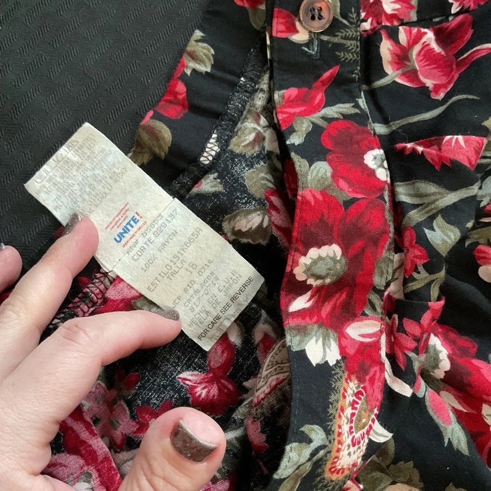 Vintage Koret Skirt Womens 18 Black Floral Rayon Pleated‎ Long Boho Pockets 90s